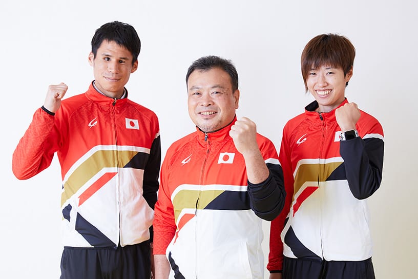 From left to right: Tadashi Horikoshi, para athlete; Tamayasu Maeda, para athletics trainer; Yuka Takamatsu, para athlete